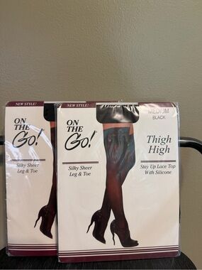2 Pack On The Go Silky Sheer Lace Top Thigh High Stockings Medium Black